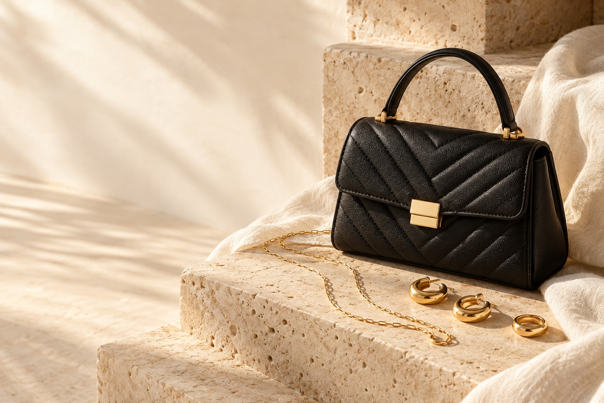 An accessories still life with a black bag and gold tone jewelry on ivory stone